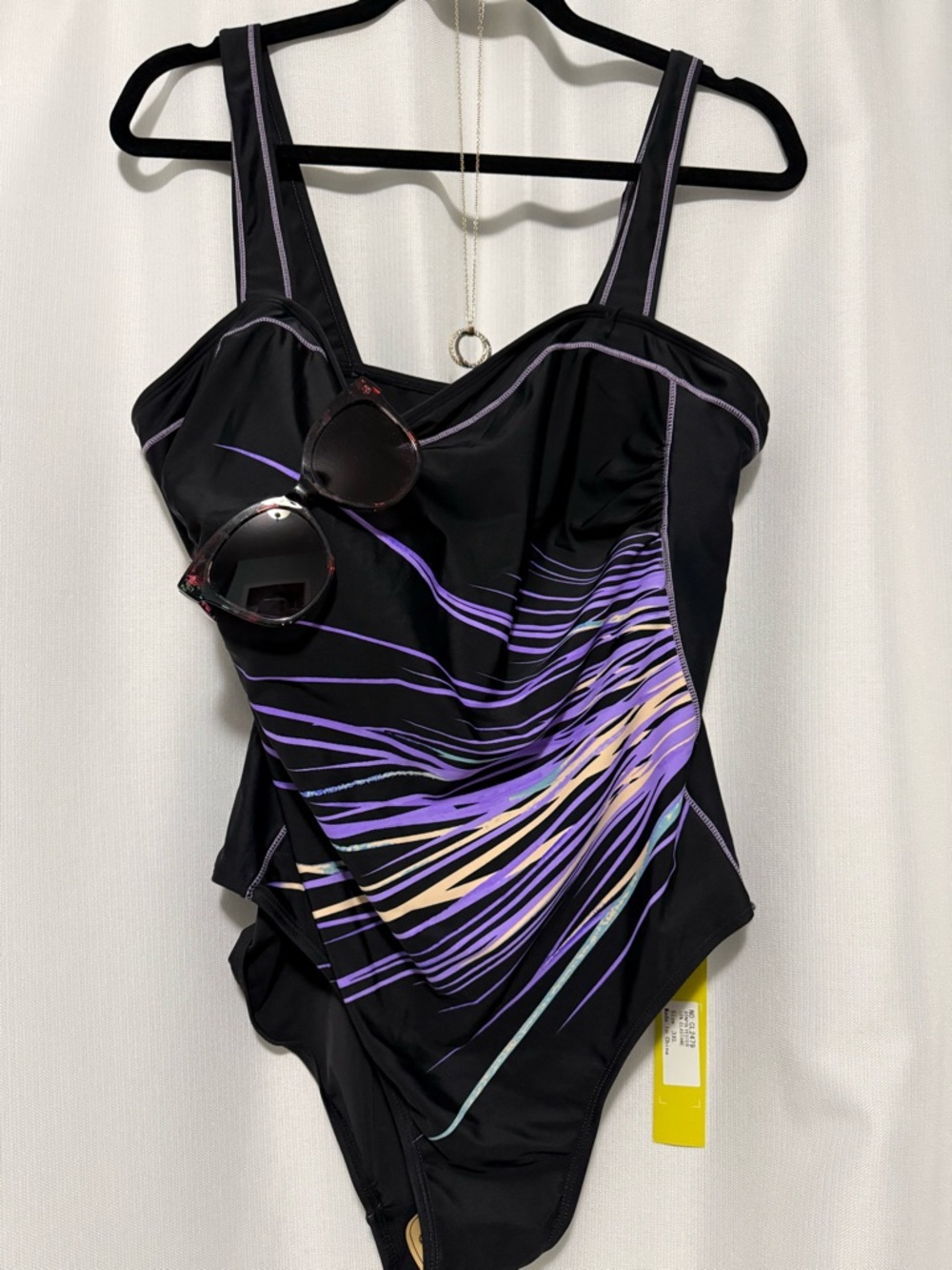 Women's NWT  Black One-Piece Swimsuit with Purple & Pastel Stripe Accents